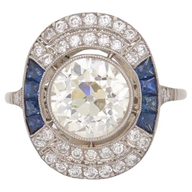 2, 55 carats L/M-Si diamond and sapphires Art déco ring For Sale