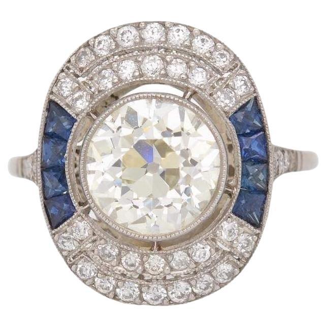 2, 55 carats L/M-Si diamond and sapphires Art déco ring  For Sale