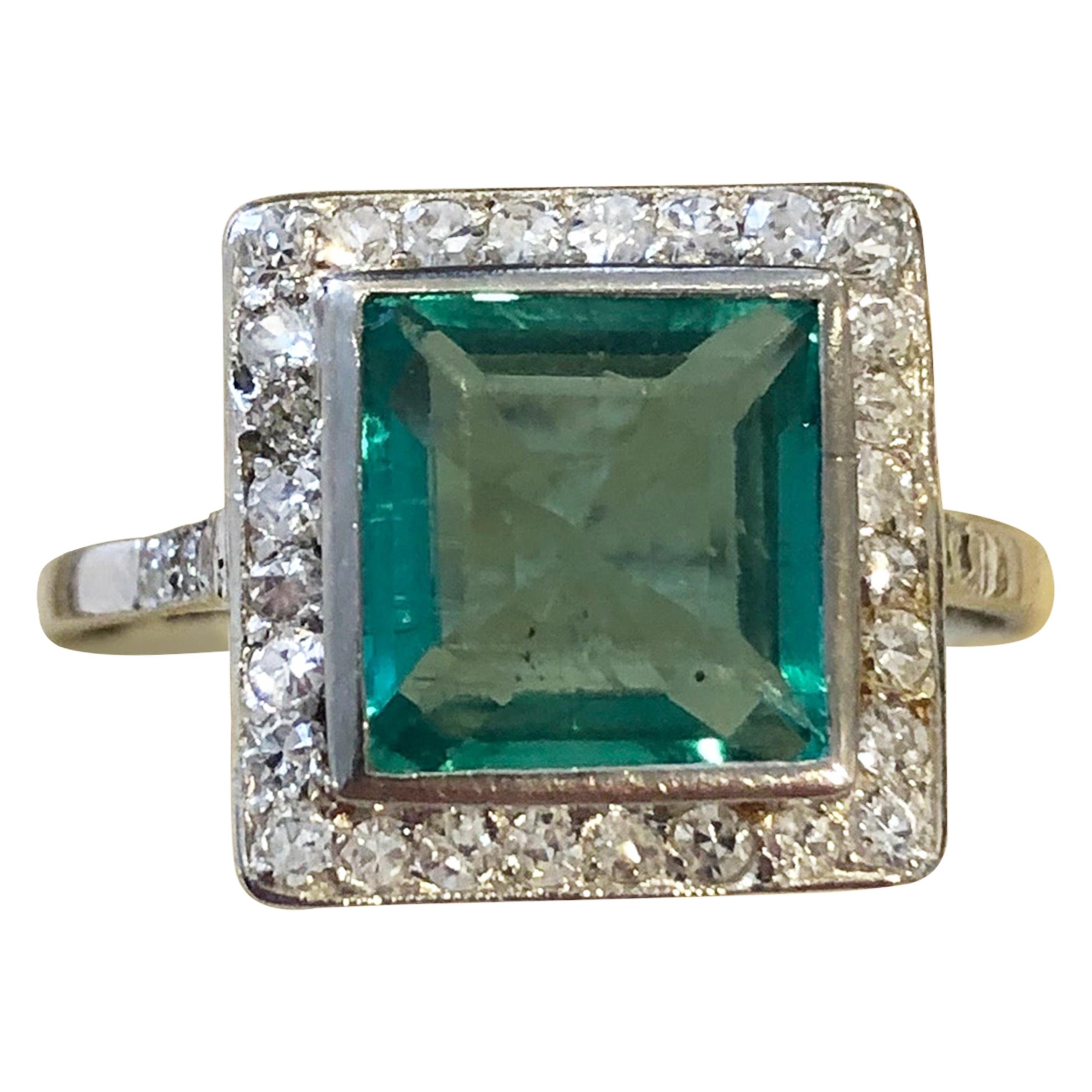 Art Deco 2 Carat Columbian Emerald and Diamond Ring with GCS Certificate For Sale