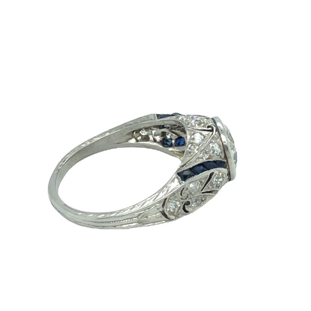 Old European Cut Art Deco 2 Carat Diamond and Sapphire Platinum Ring For Sale