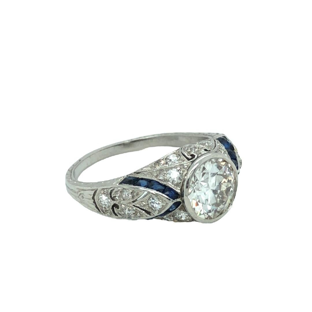 Art Deco 2 Carat Diamond and Sapphire Platinum Ring In Good Condition For Sale In beverly hills, CA