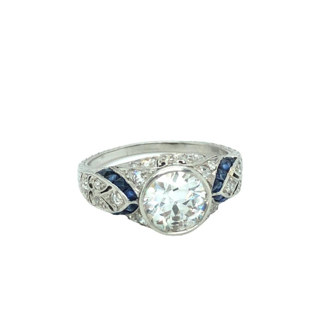 Women's or Men's Art Deco 2 Carat Diamond and Sapphire Platinum Ring For Sale