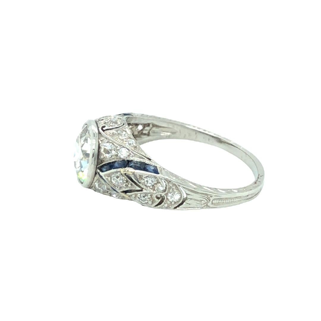 Art Deco 2 Carat Diamond and Sapphire Platinum Ring For Sale 1