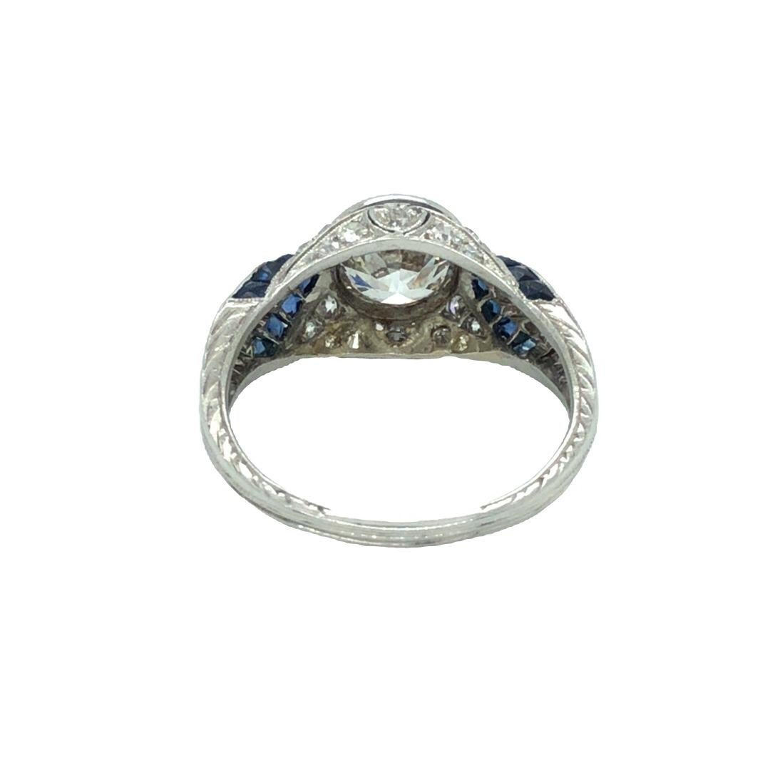 Art Deco 2 Carat Diamond and Sapphire Platinum Ring For Sale 3