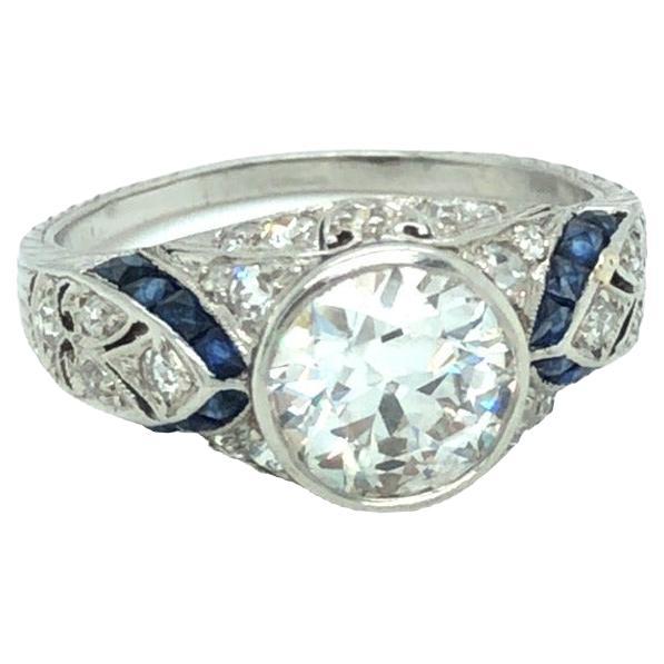 Art Deco 2 Carat Diamond and Sapphire Platinum Ring For Sale
