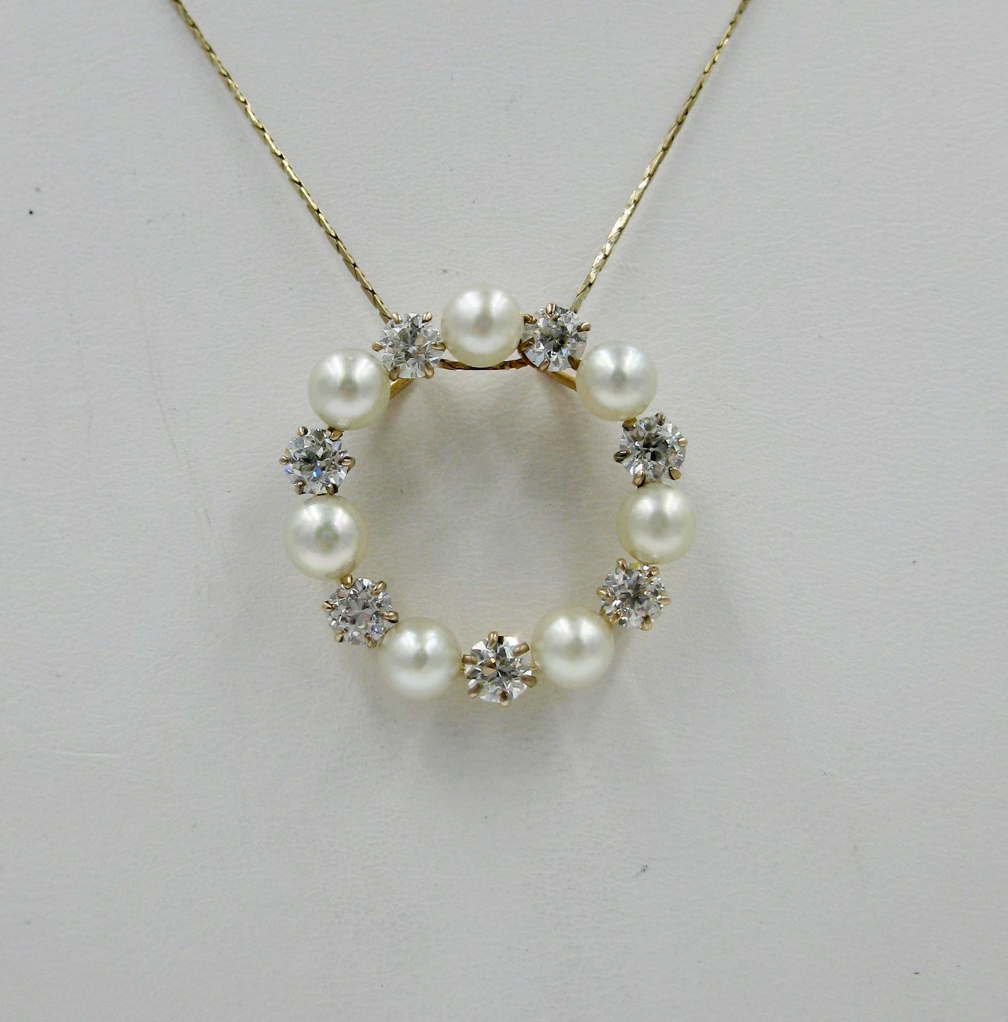 Women's Art Deco 2 Carat Diamond Flawless Pearl Circle Pendant Old European Cut Diamonds For Sale
