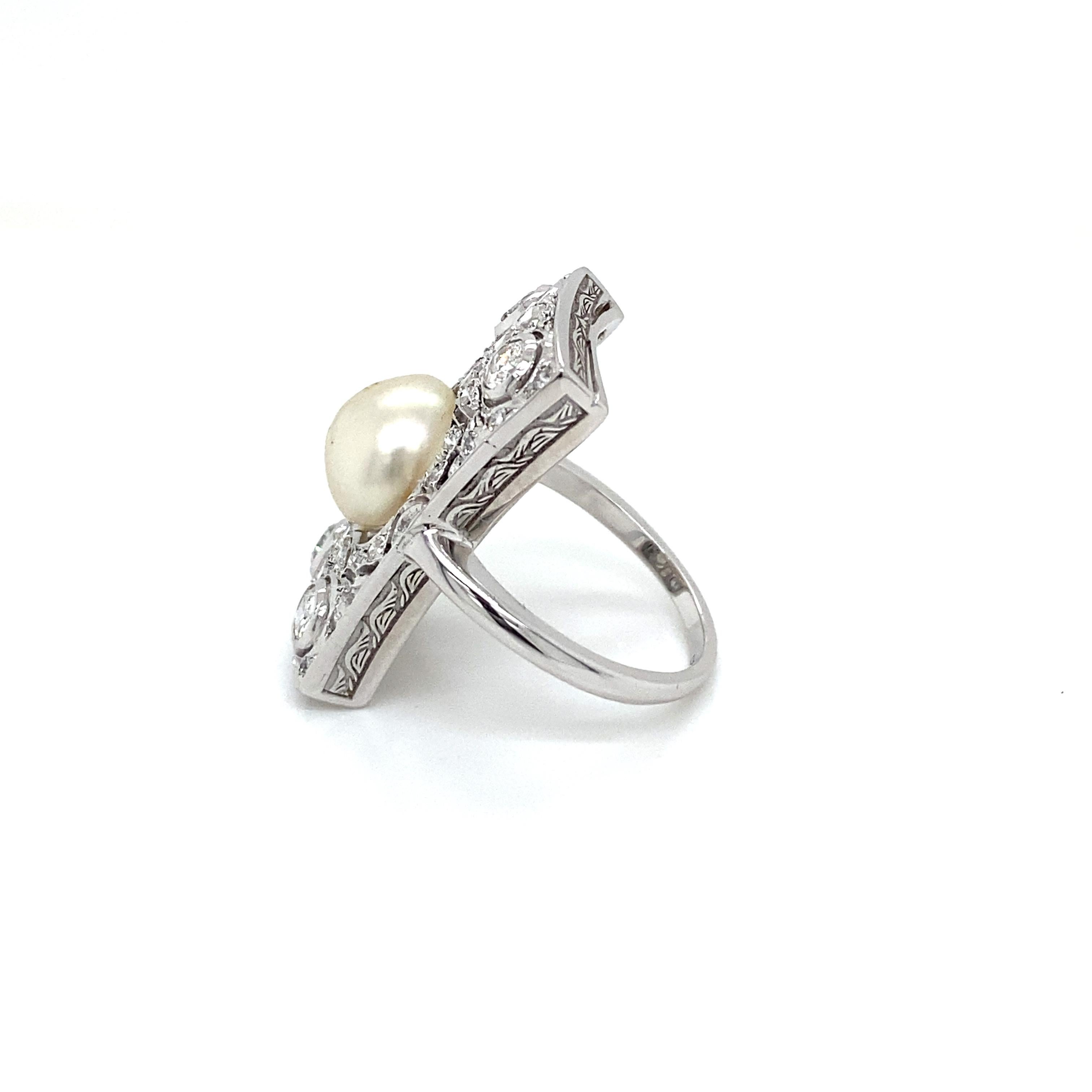 Art Deco 2 Carat Diamond Pearl Platinum Engraved Plaque Ring 4
