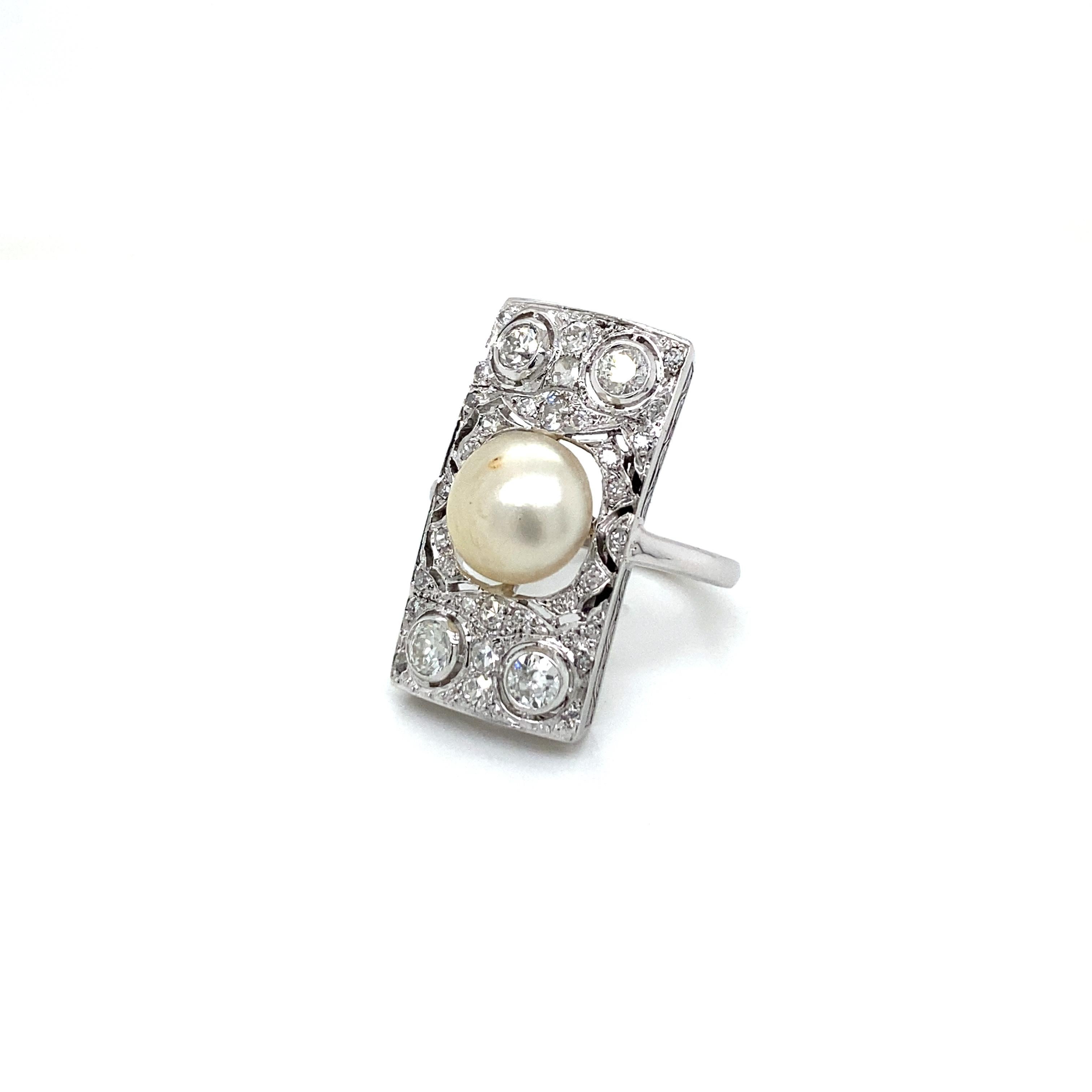 Women's Art Deco 2 Carat Diamond Pearl Platinum Engraved Plaque Ring