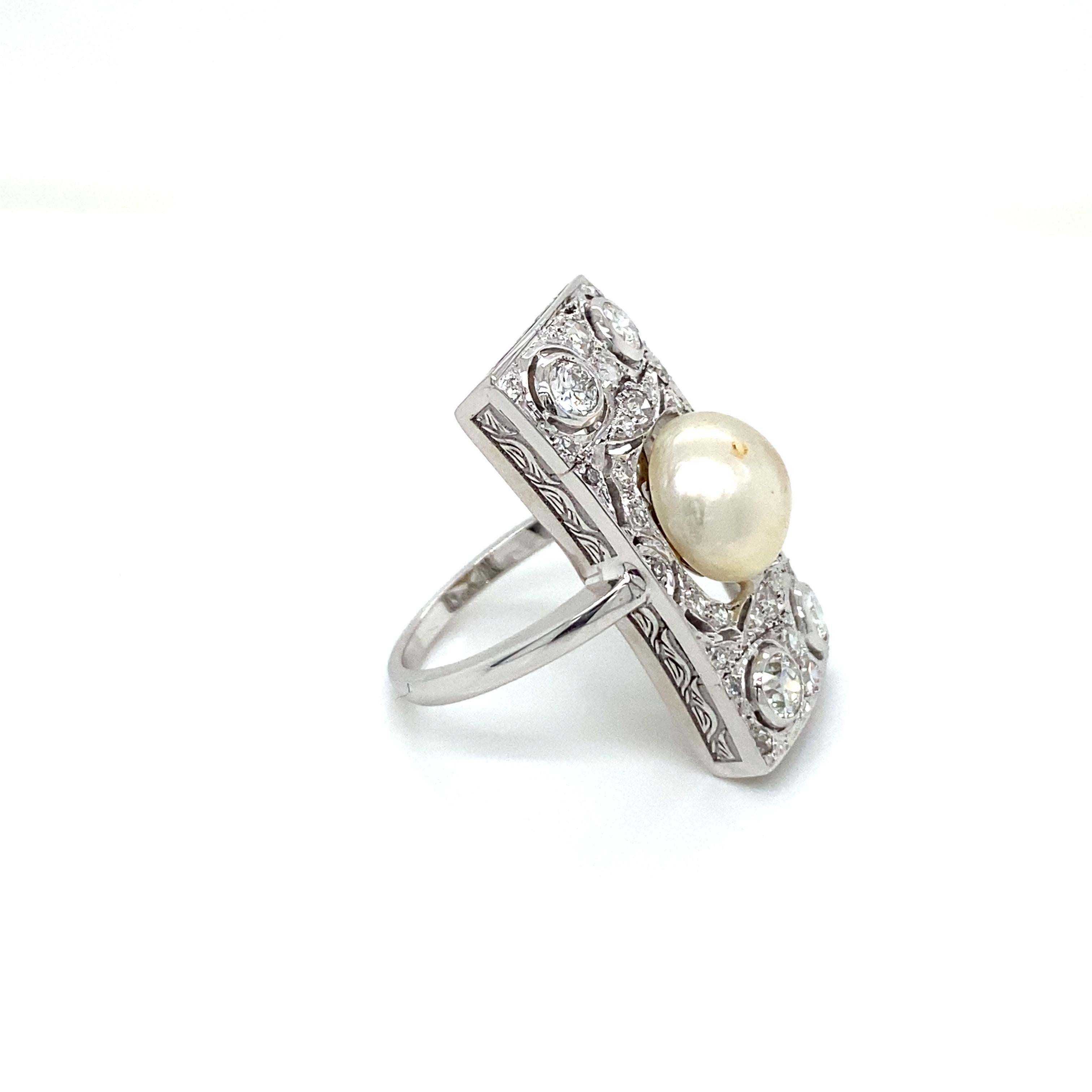 Art Deco 2 Carat Diamond Pearl Platinum Engraved Plaque Ring 1