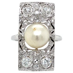 Art Deco 2 Carat Diamond Pearl Platinum Engraved Plaque Ring
