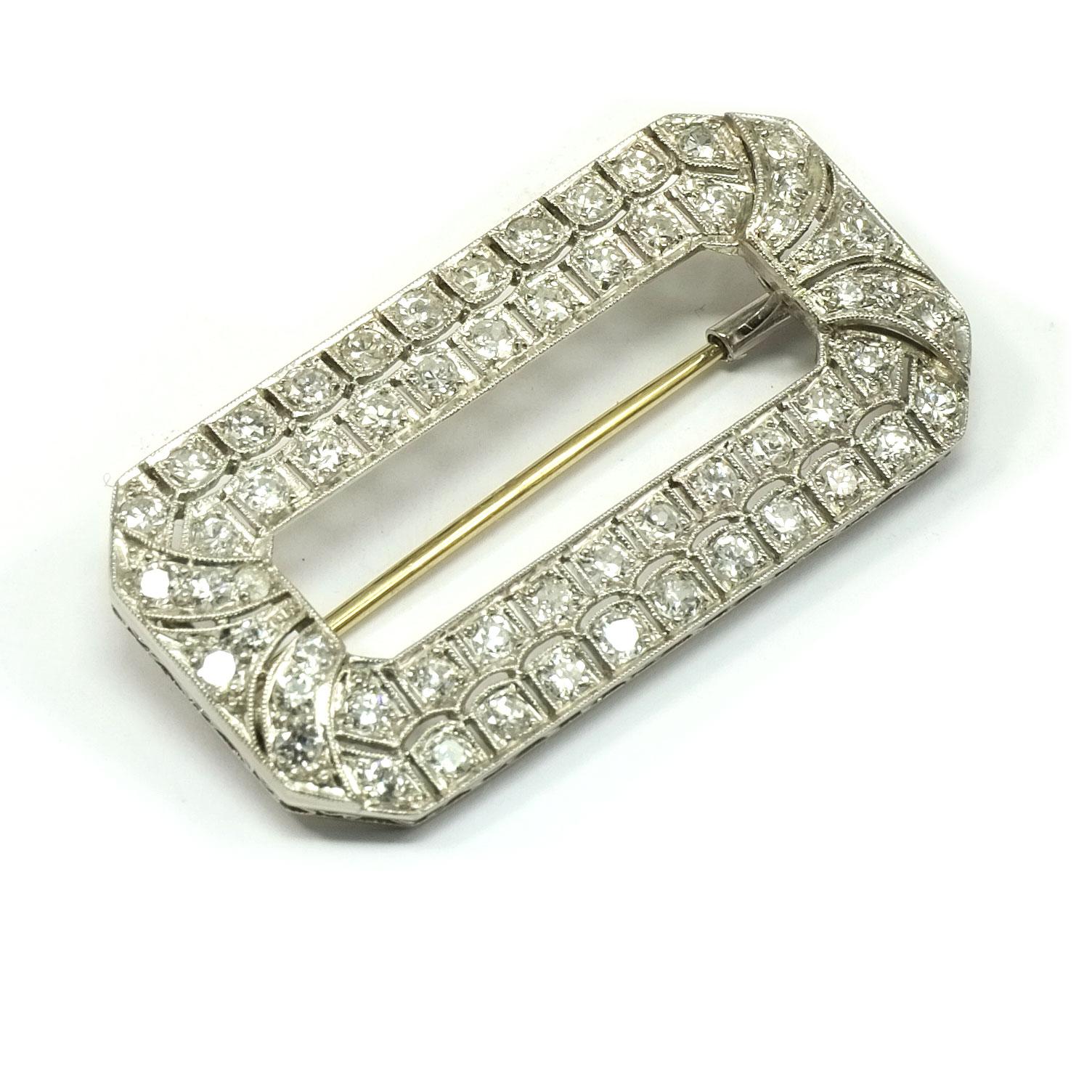 Old European Cut Art Deco 2 Carat Diamond Platinum Buckle Brooch, circa 1920