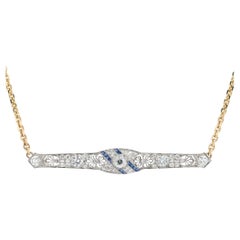 Art Deco 2 Carat Diamond & Sapphire Filigree Bar Necklace