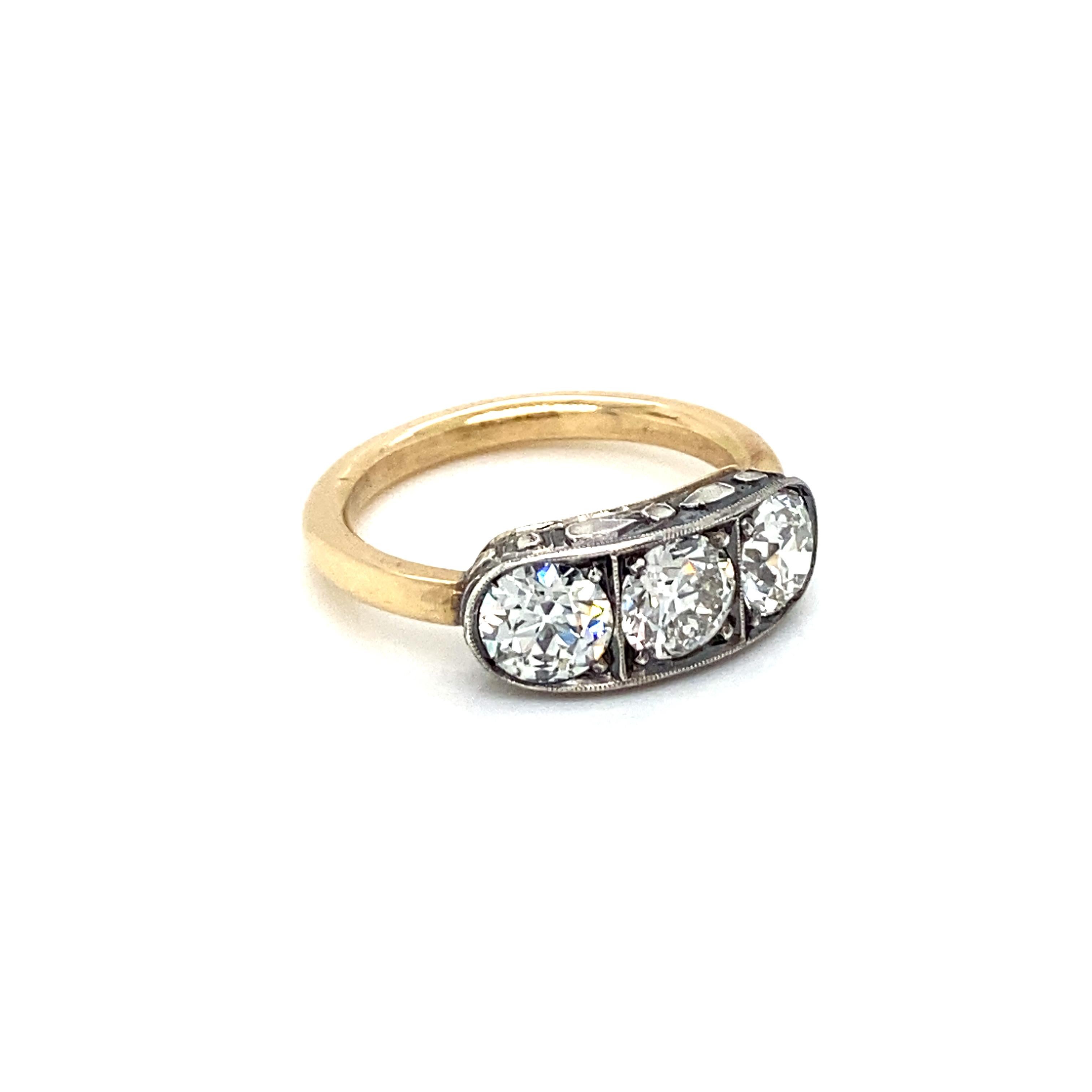 Old Mine Cut Art Deco 2 Carat Diamond Three-Stone Engraved Ring