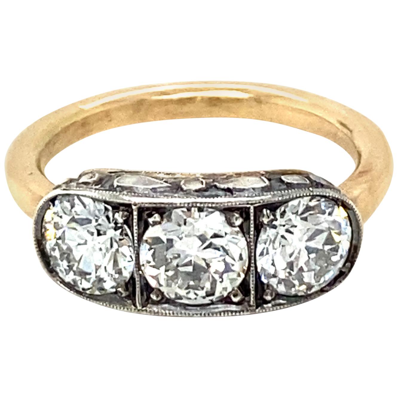 Art Deco 2 Carat Diamond Three-Stone Engraved Ring