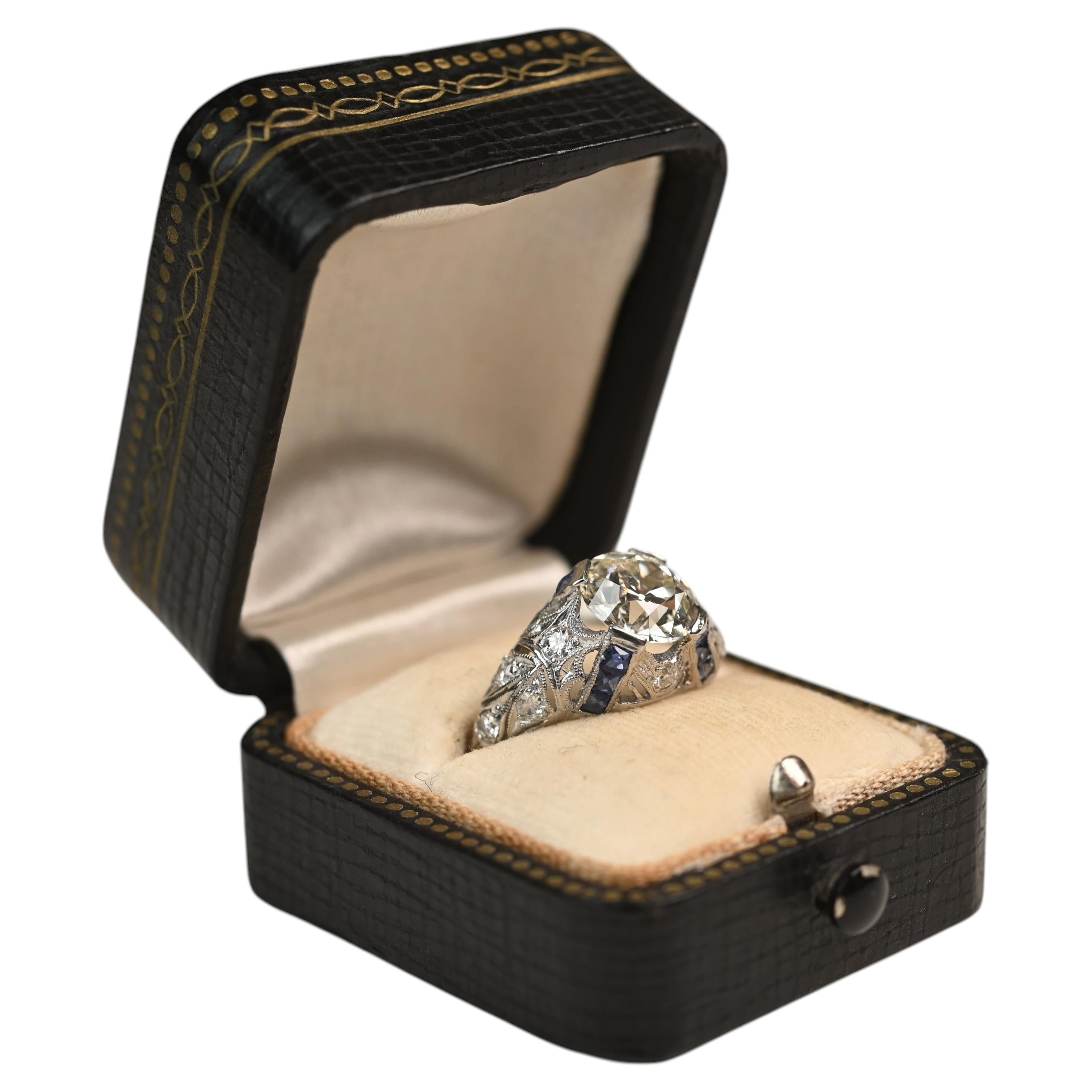 Art Deco 2 Carat Engagement Ring. GIA Old Euro Diamond Sapphire Plat K IF 1920