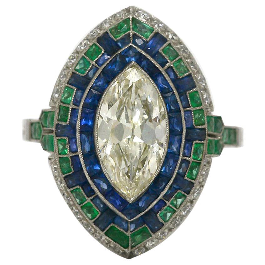 Art Deco 2 Carat Marquise Diamond Platinum Long Navette Cocktail Engagement Ring