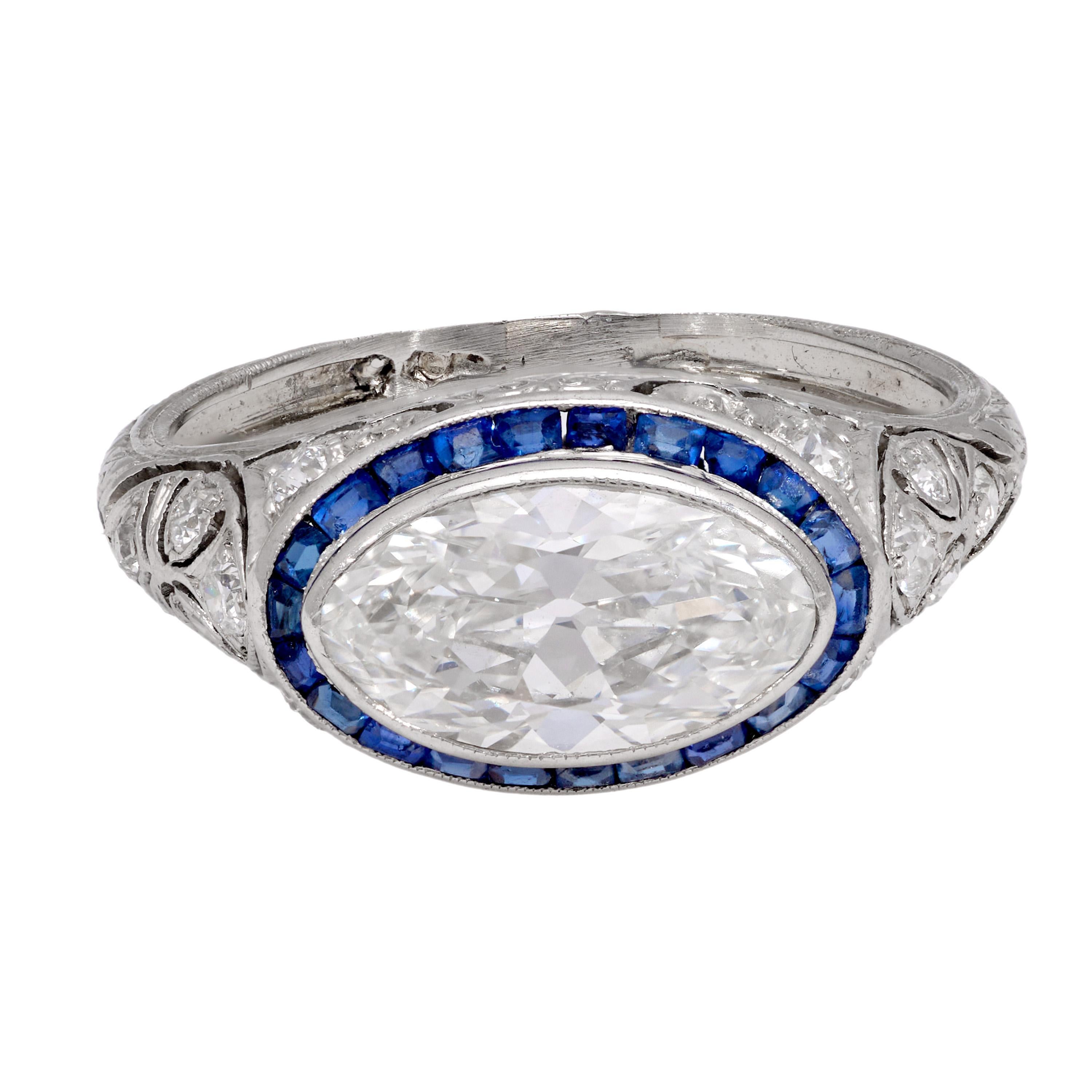 Oval Cut Art Deco 2 carat moval cut diamond sapphire platinum engagement ring For Sale
