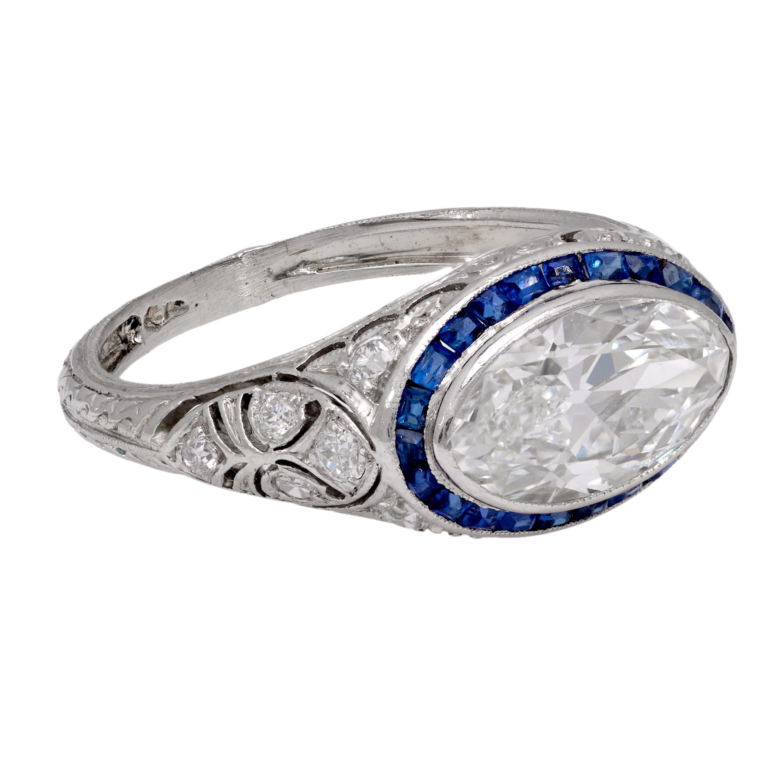 Women's Art Deco 2 carat moval cut diamond sapphire platinum engagement ring For Sale