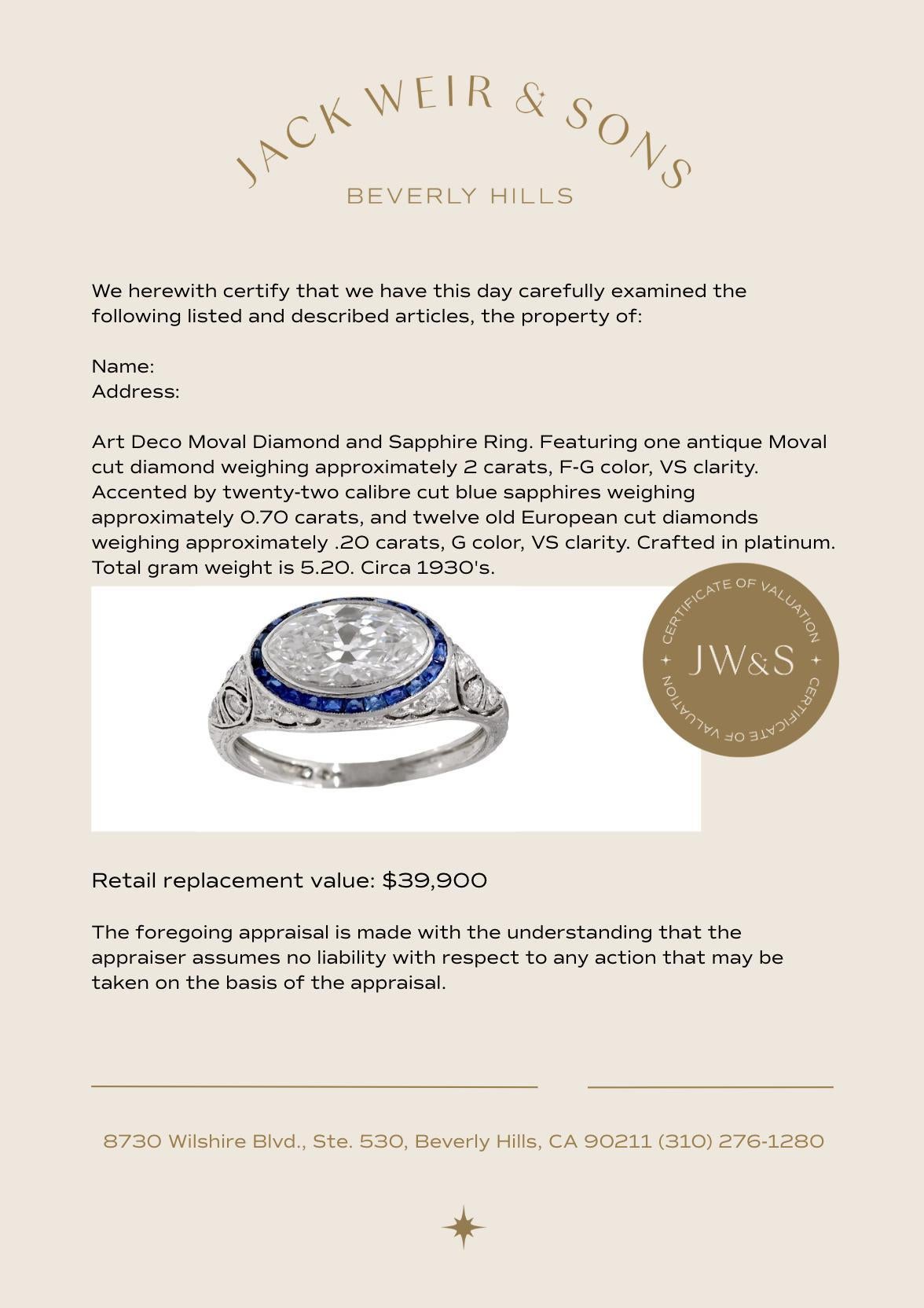 Art Deco 2 carat moval cut diamond sapphire platinum engagement ring For Sale 1