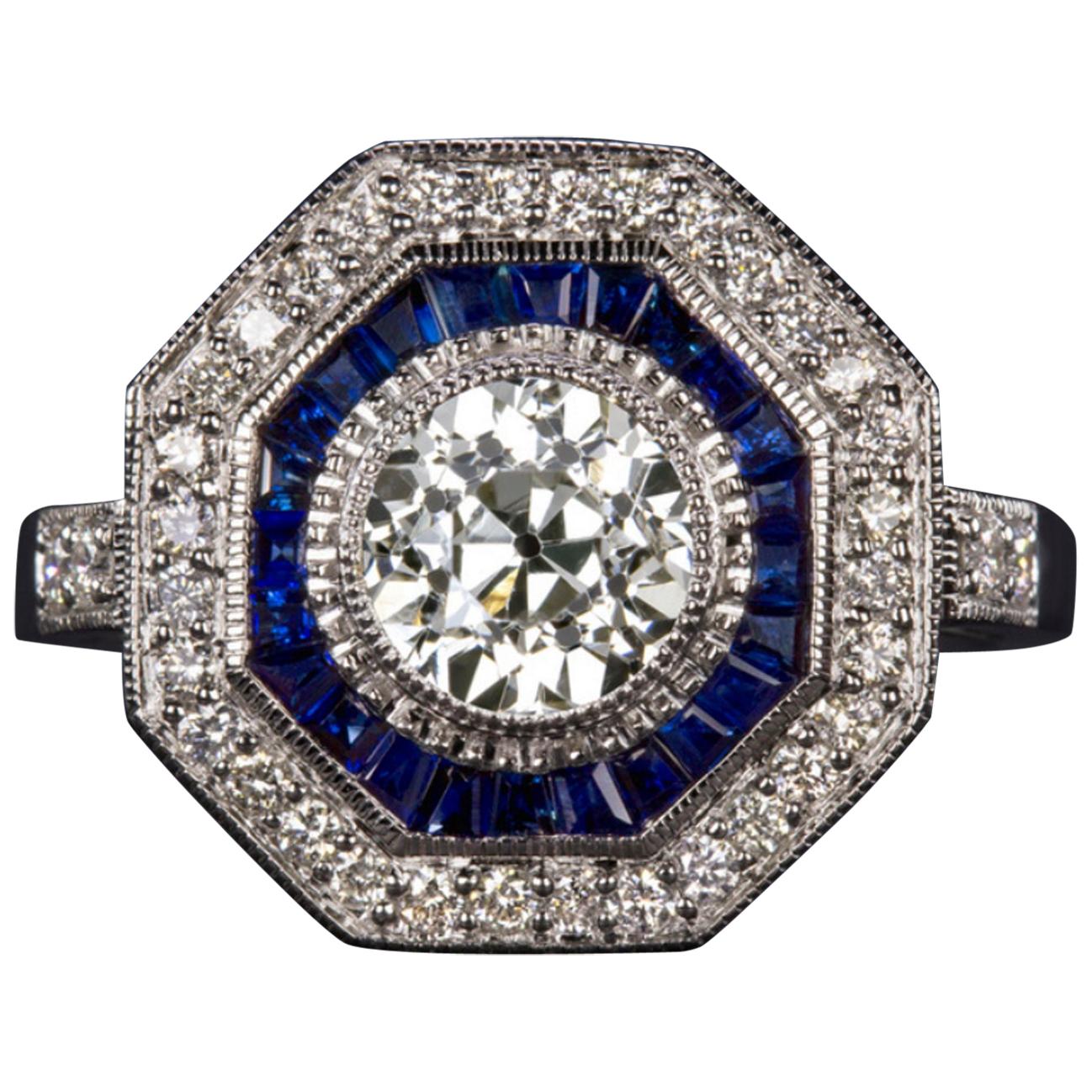 Art Deco Style 2 Carat Old Diamond Sapphire Cocktail Ring
