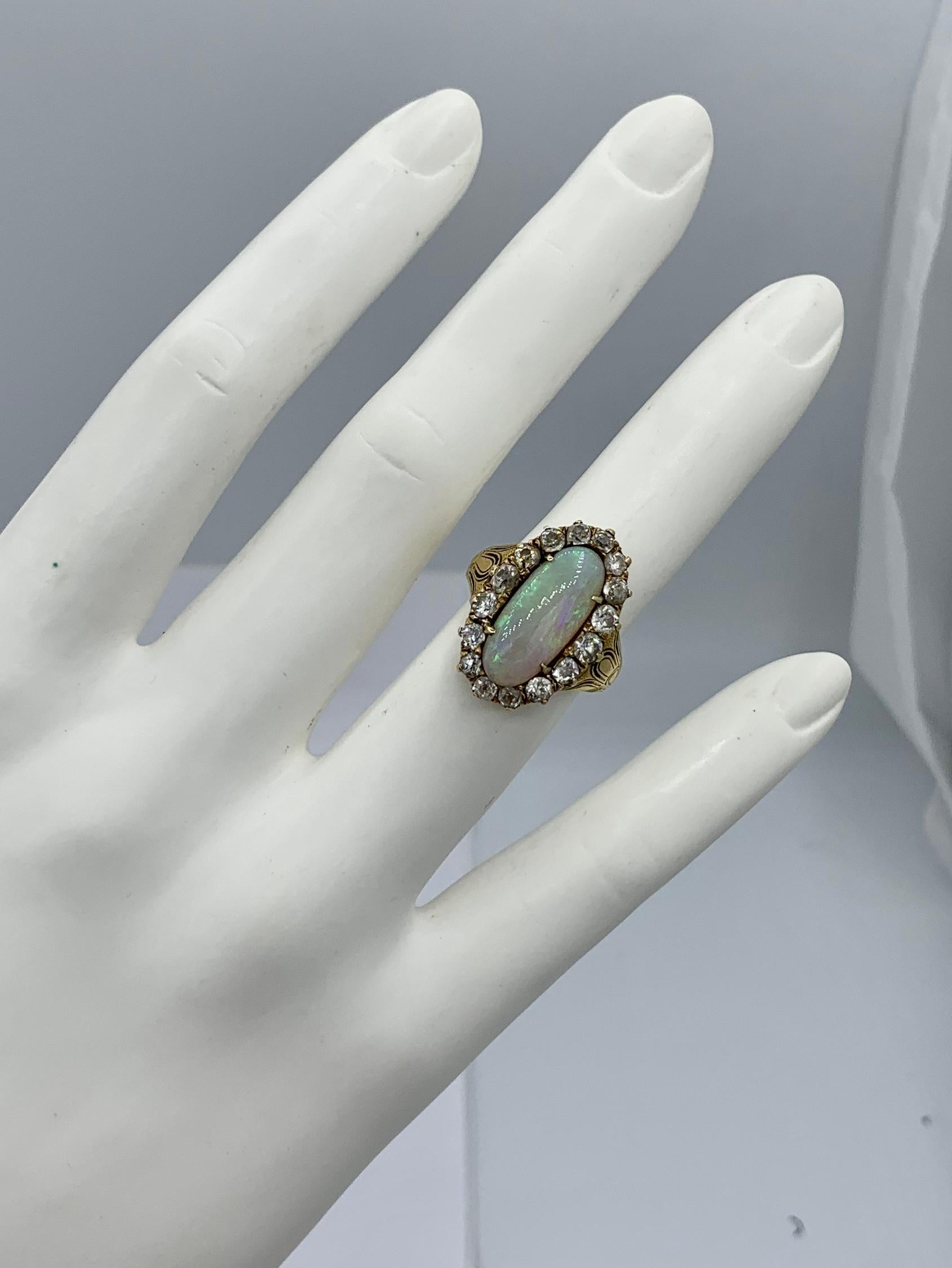 Oval Cut Art Deco 2 Carat Opal Old Mine Diamond Ring 18K Antique Wedding Engagement Ring