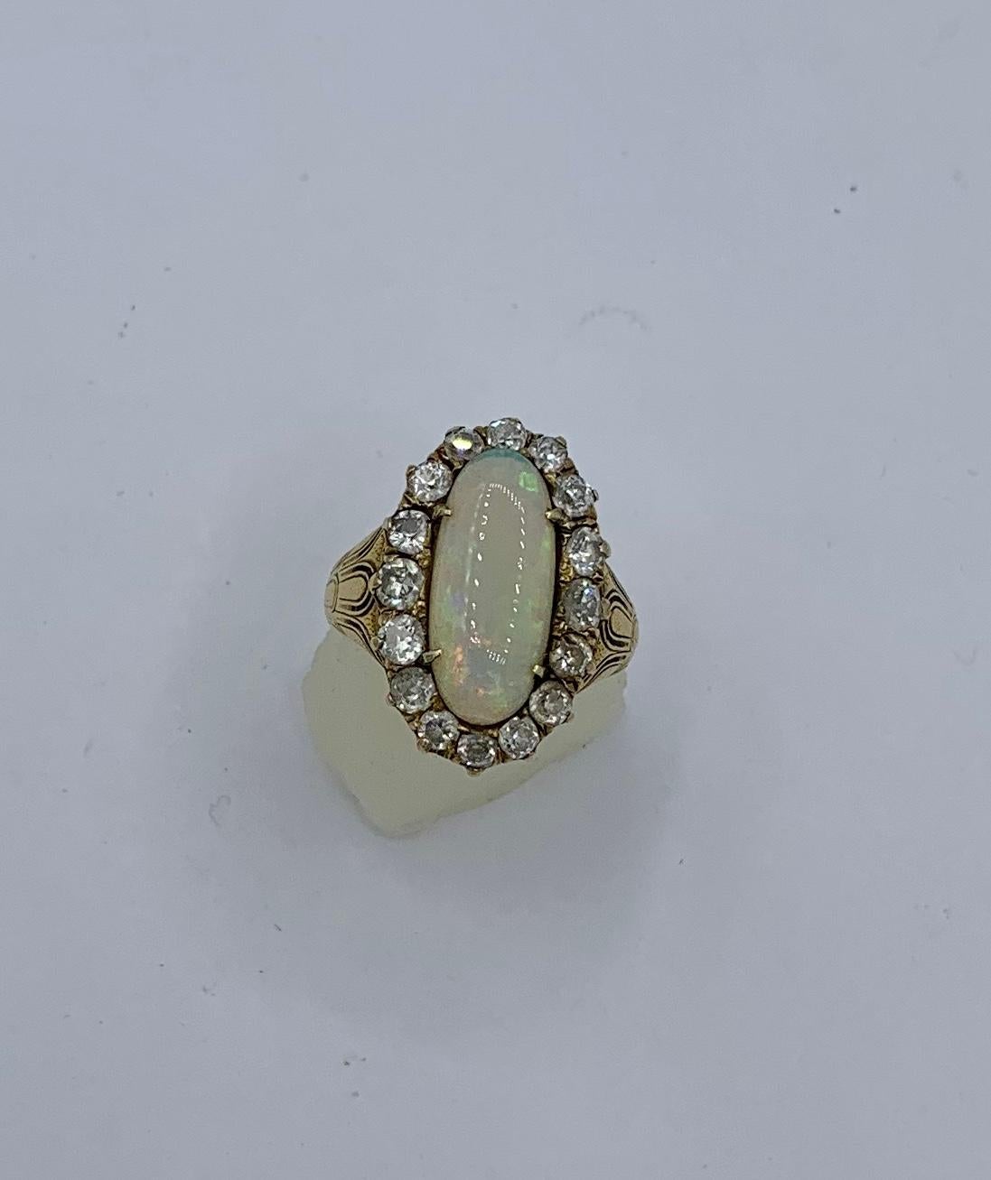 Art Deco 2 Carat Opal Old Mine Diamond Ring 18K Antique Wedding Engagement Ring In Good Condition In New York, NY