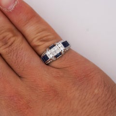 Art Deco 2 Carat Princess & Round Diamond Channel Sapphire Platinum Ring