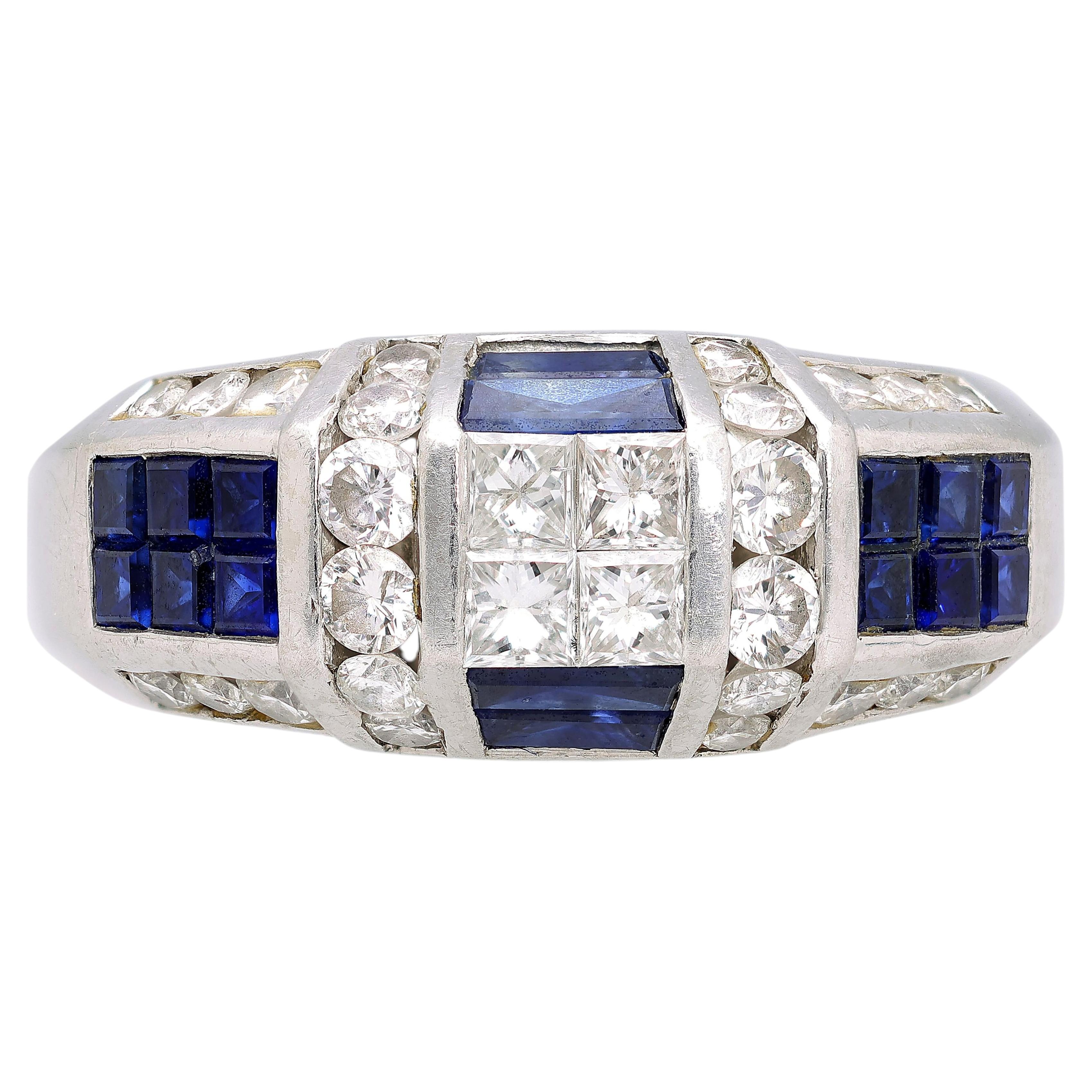 Bague Art déco en platine, sertie en canal de diamants princesse et ronds de 2 carats, avec saphir