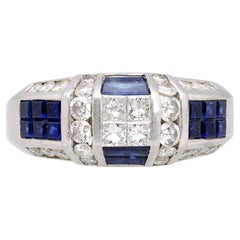 Art Deco 2 Carat Princess & Round Diamond Channel Sapphire Platinum Ring