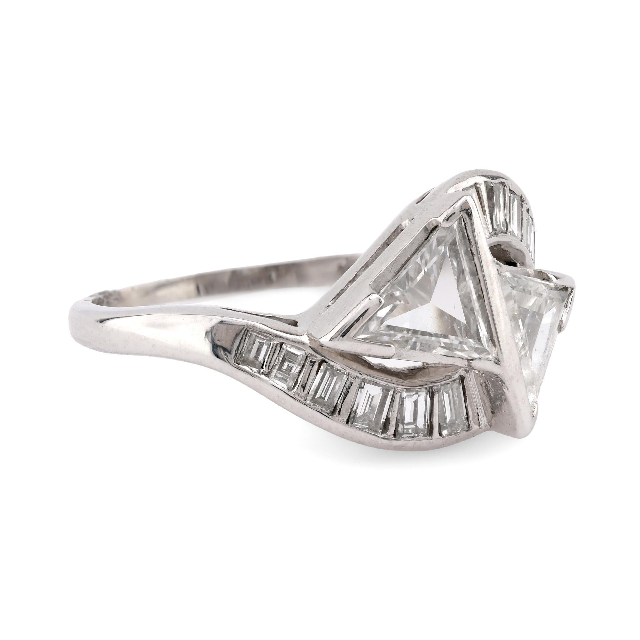 Baguette Cut Art Deco 2 Carat Total Weight Diamond Platinum Bypass ring