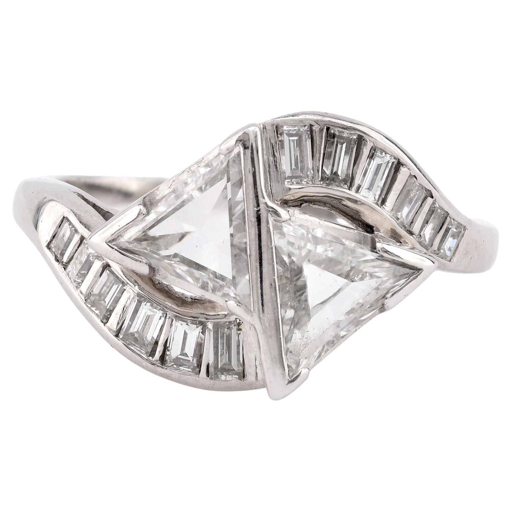 Art Deco 2 Carat Total Weight Diamond Platinum Bypass ring For Sale