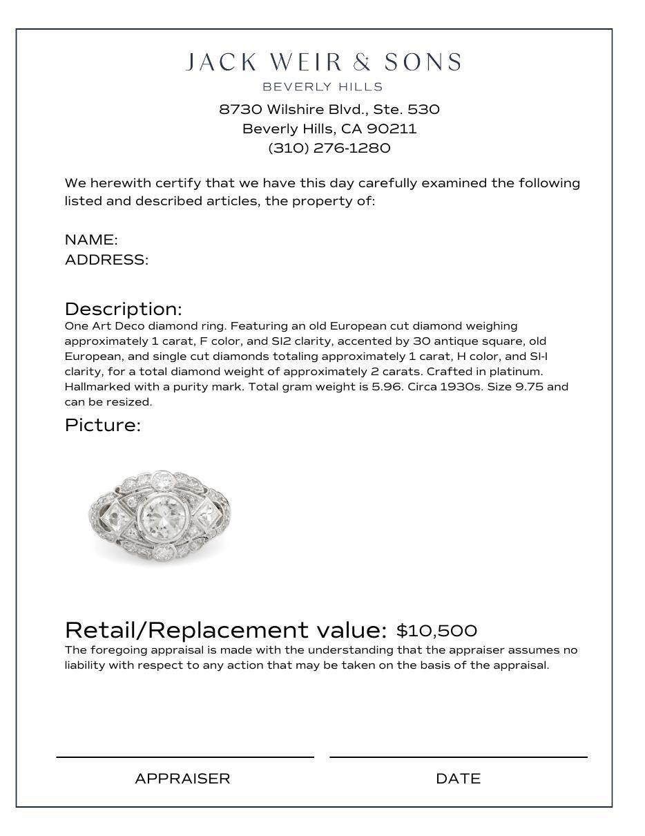 Women's or Men's Art Deco 2 carat total weight diamond platinum ring