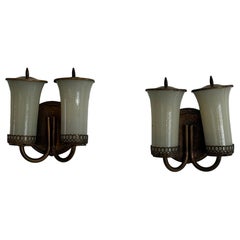 Paire d
appliques Art déco à 2 têtes en laiton et verre jaune, années 1940, Allemagne