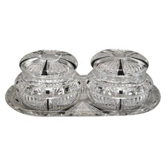Art Deco 2 Pc. French Cut Crystal Black Enamel Dresser Set w/ Tray