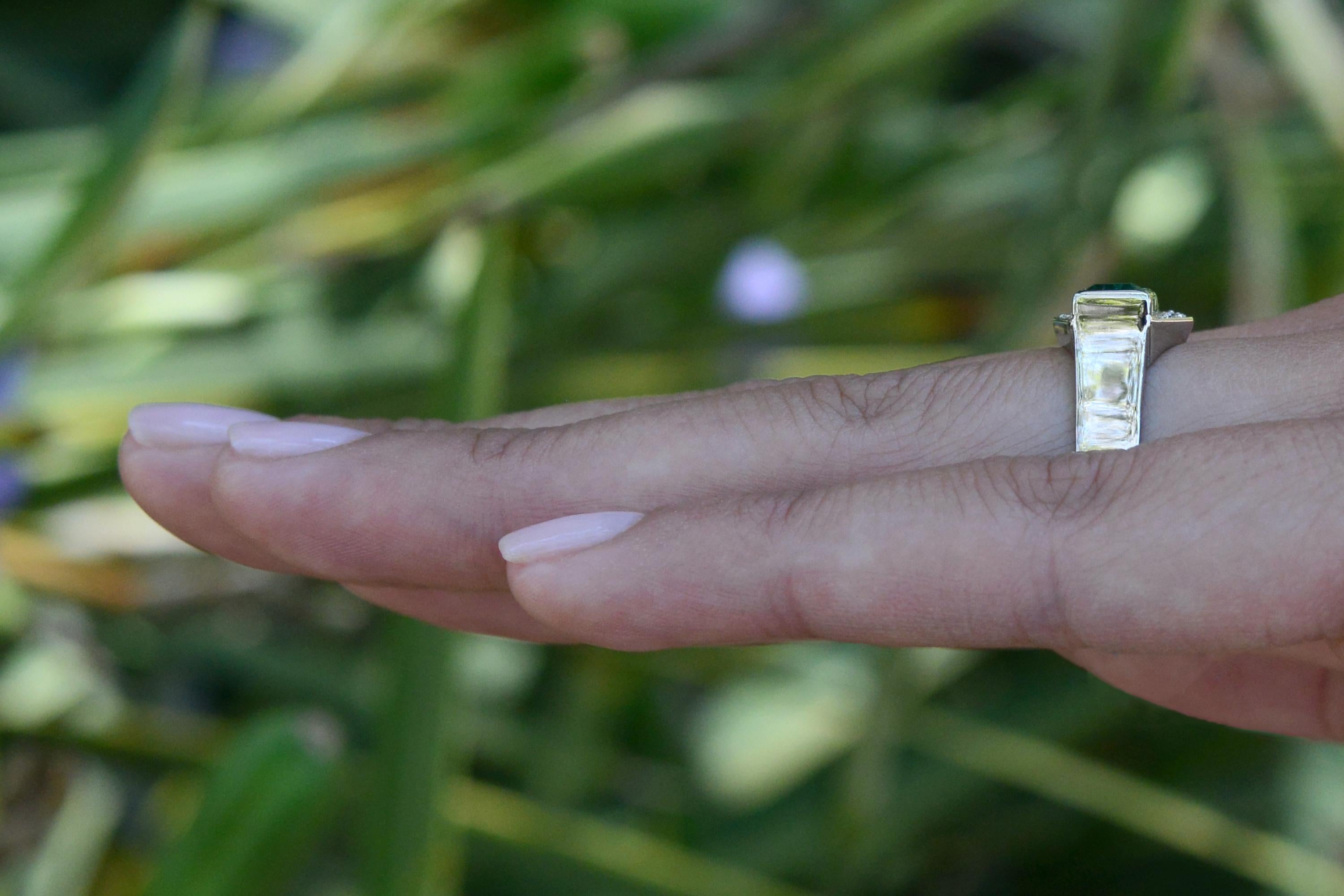 Emerald Cut Antique Art Deco 2 Stone Diamond Emerald Toi et Moi Engagement Ring
