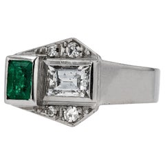 Antiker Art Deco Verlobungsring mit 2 Steinen, Diamant, Smaragd, Toi et Moi
