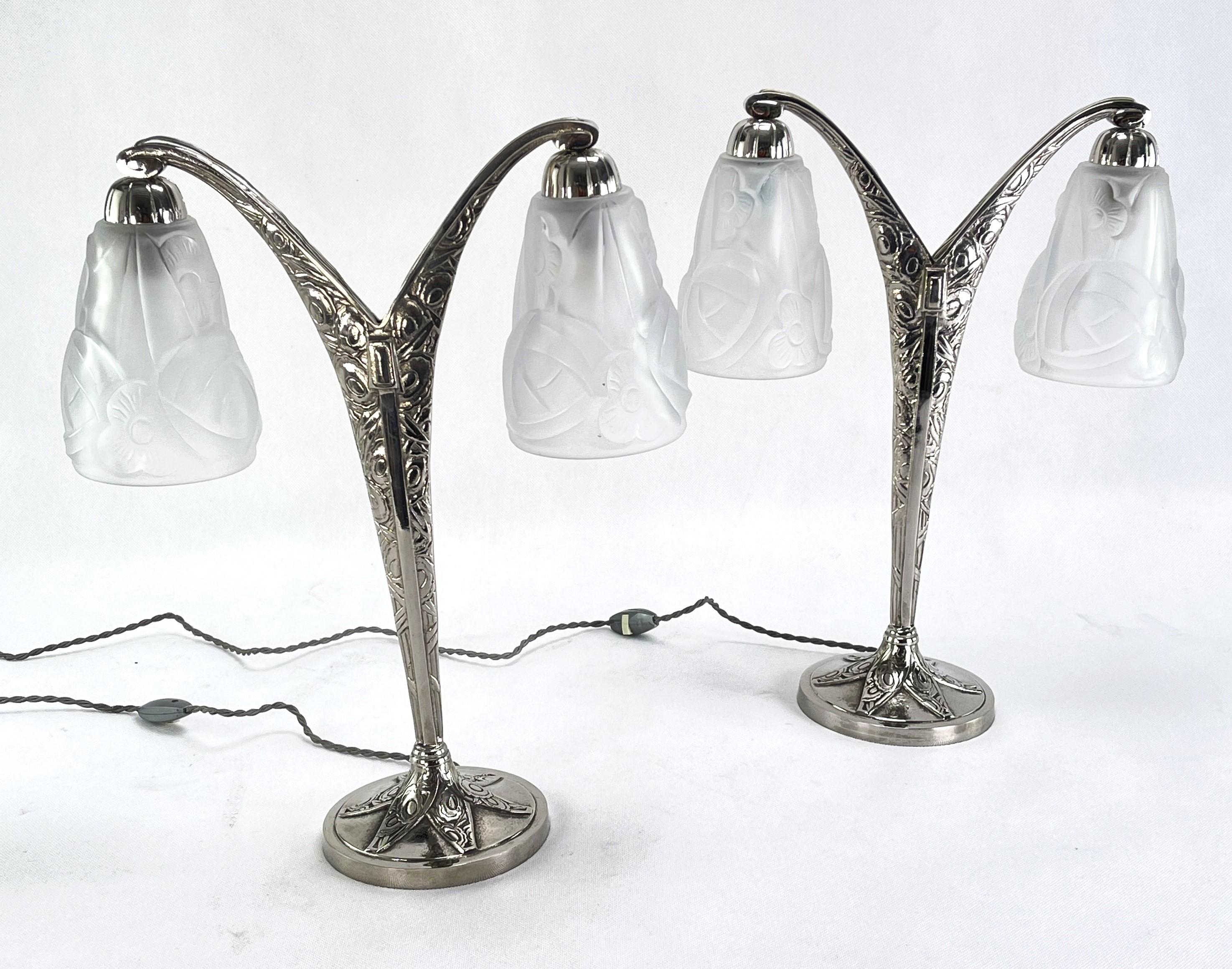 Art Deco 2 Table Lamps Signed by Degué 1 Pair Double Arm Lamps, 1940s For Sale 5