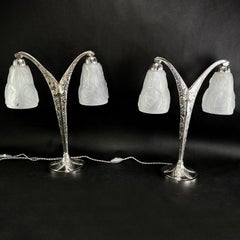 Art Deco 2 Table Lamps Signed by Degué 1 Pair Double Arm Lamps, 1940s