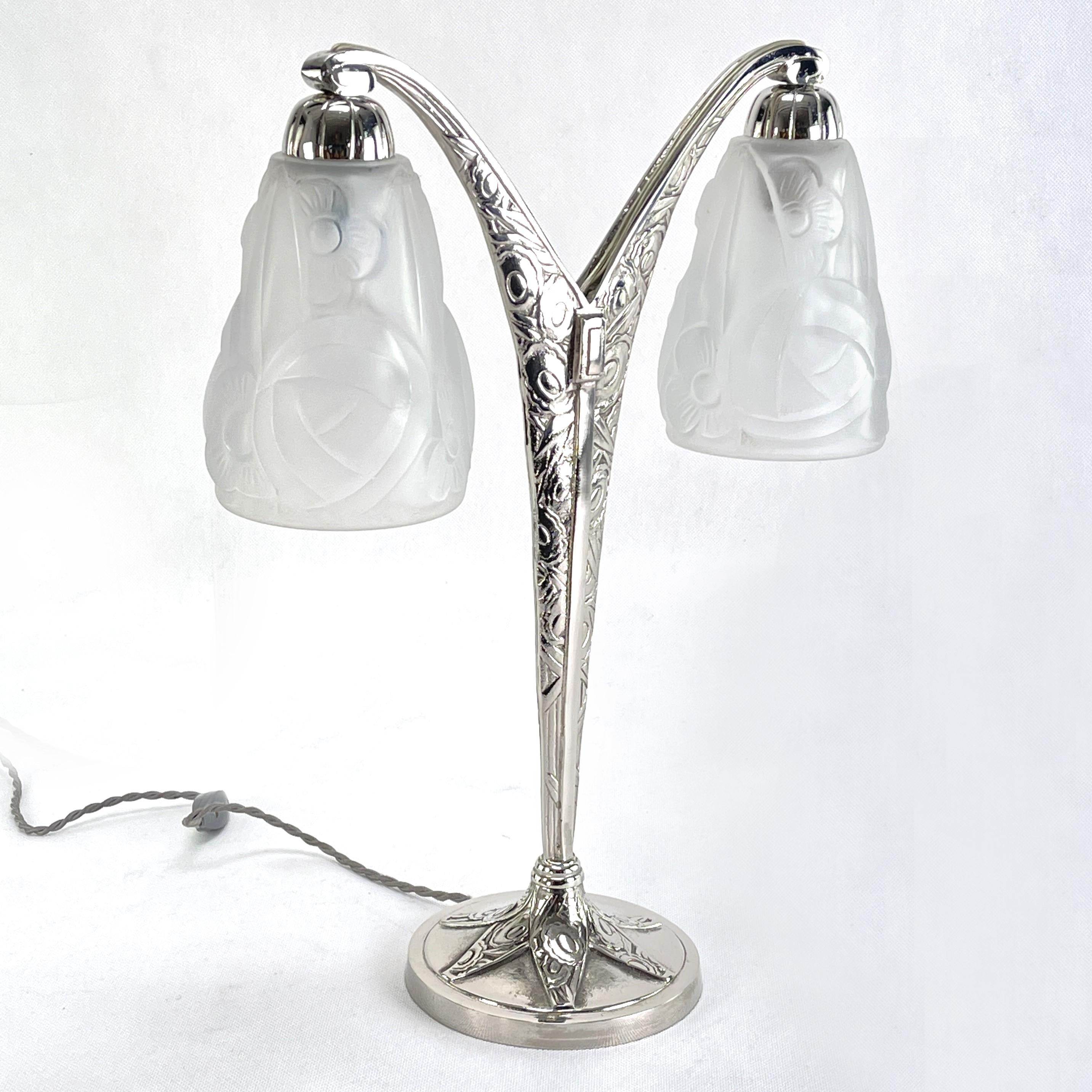 French Art Deco 2 Table Lamps Signed by Degué 1 Pair Double Arm Lamps, 1940s For Sale