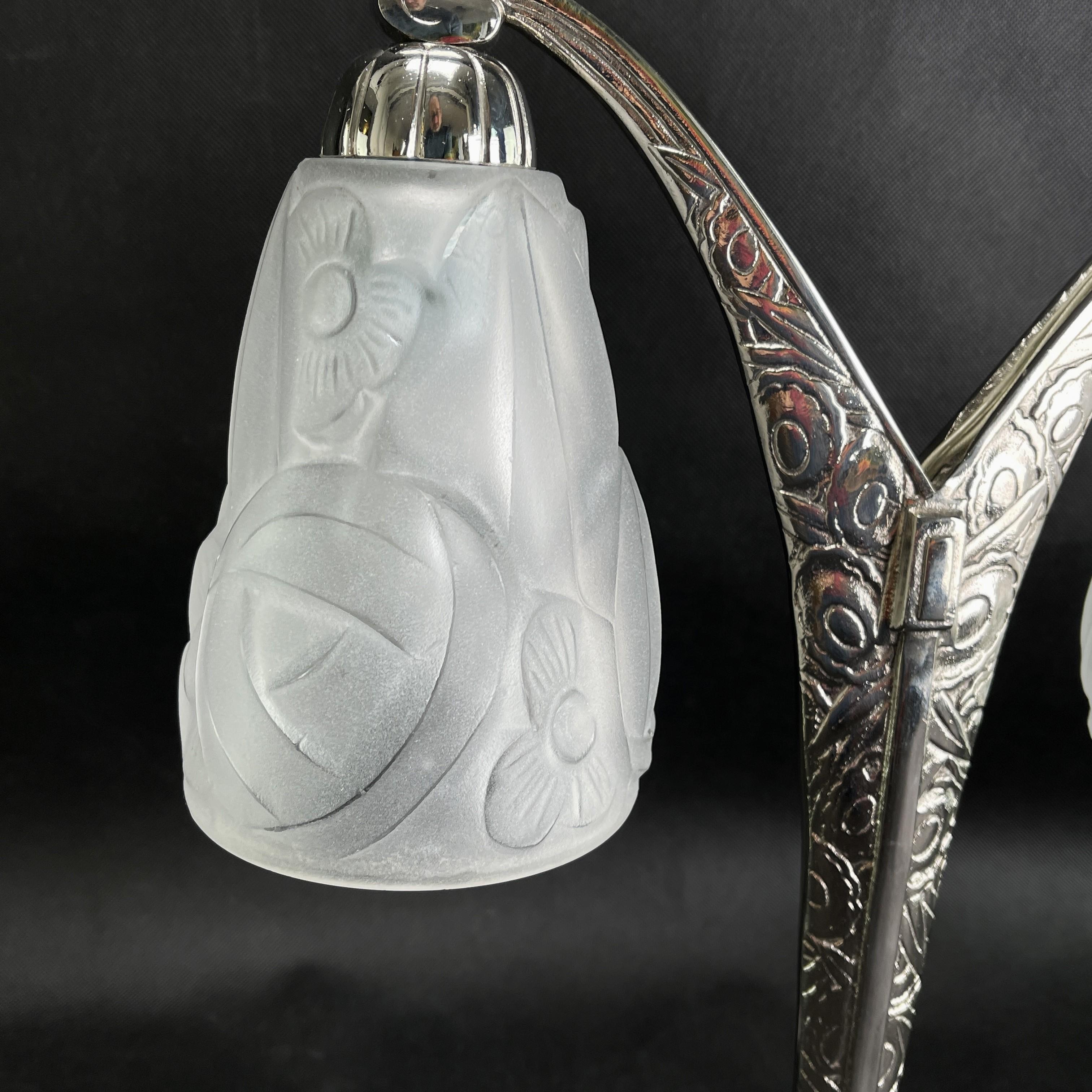 Art Deco 2 Table Lamps Signed by Degué 1 Pair Double Arm Lamps, 1940s In Good Condition For Sale In Saarburg, RP