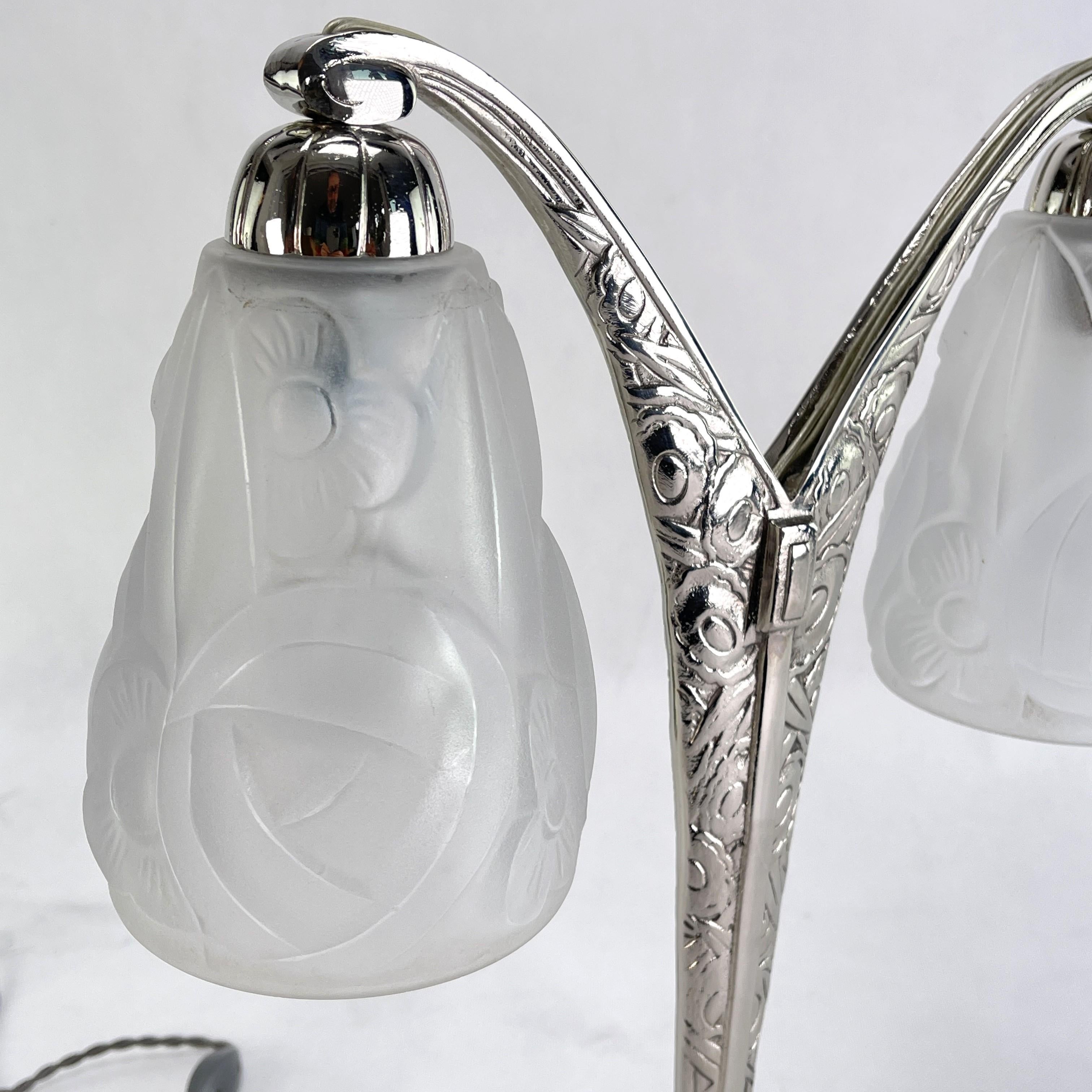 Mid-20th Century Art Deco 2 Table Lamps Signed by Degué 1 Pair Double Arm Lamps, 1940s For Sale