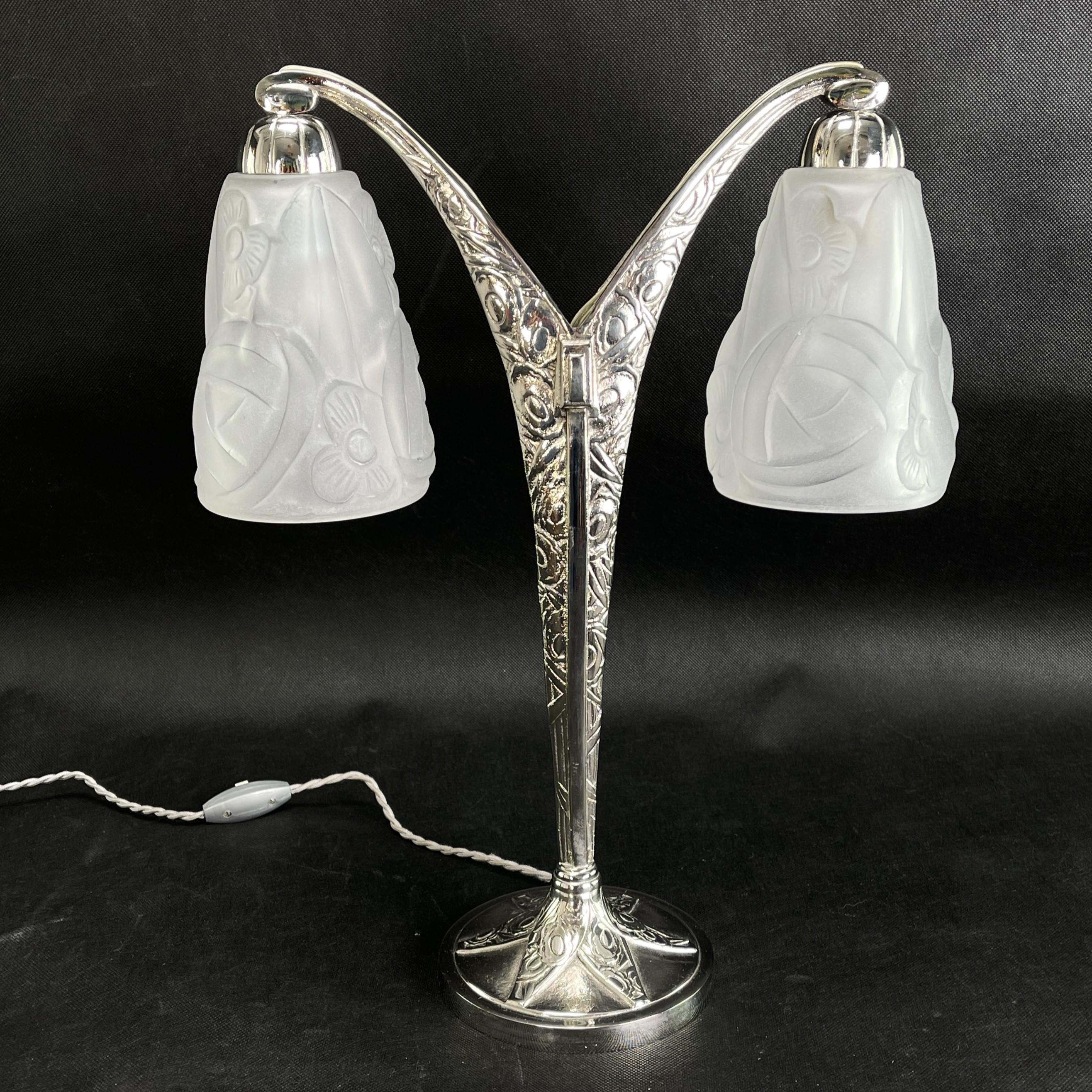 Glass Art Deco 2 Table Lamps Signed by Degué 1 Pair Double Arm Lamps, 1940s For Sale
