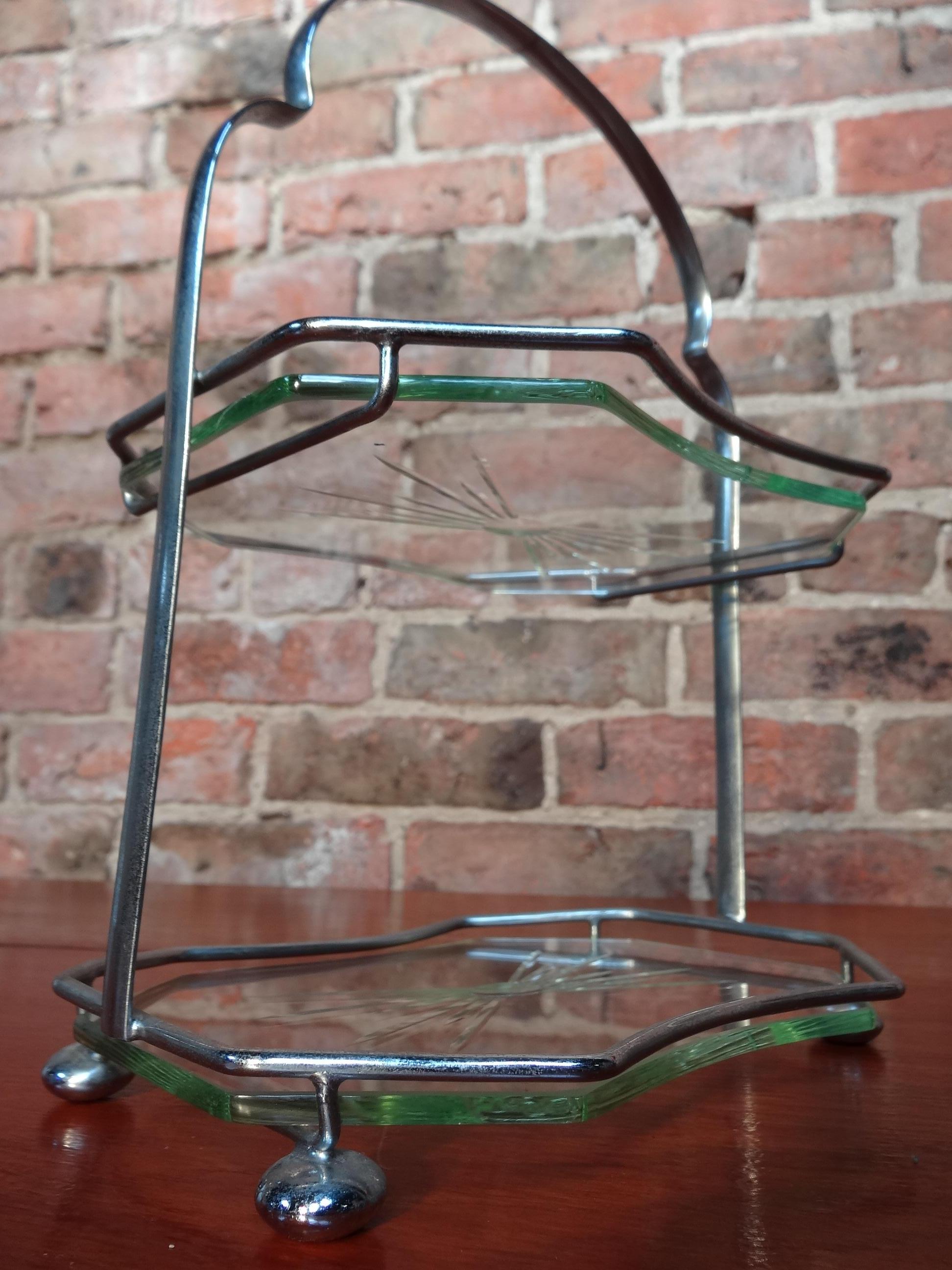 Metal Art Deco 2-Tier Cut Glass Chocolate Tray, 1920s For Sale