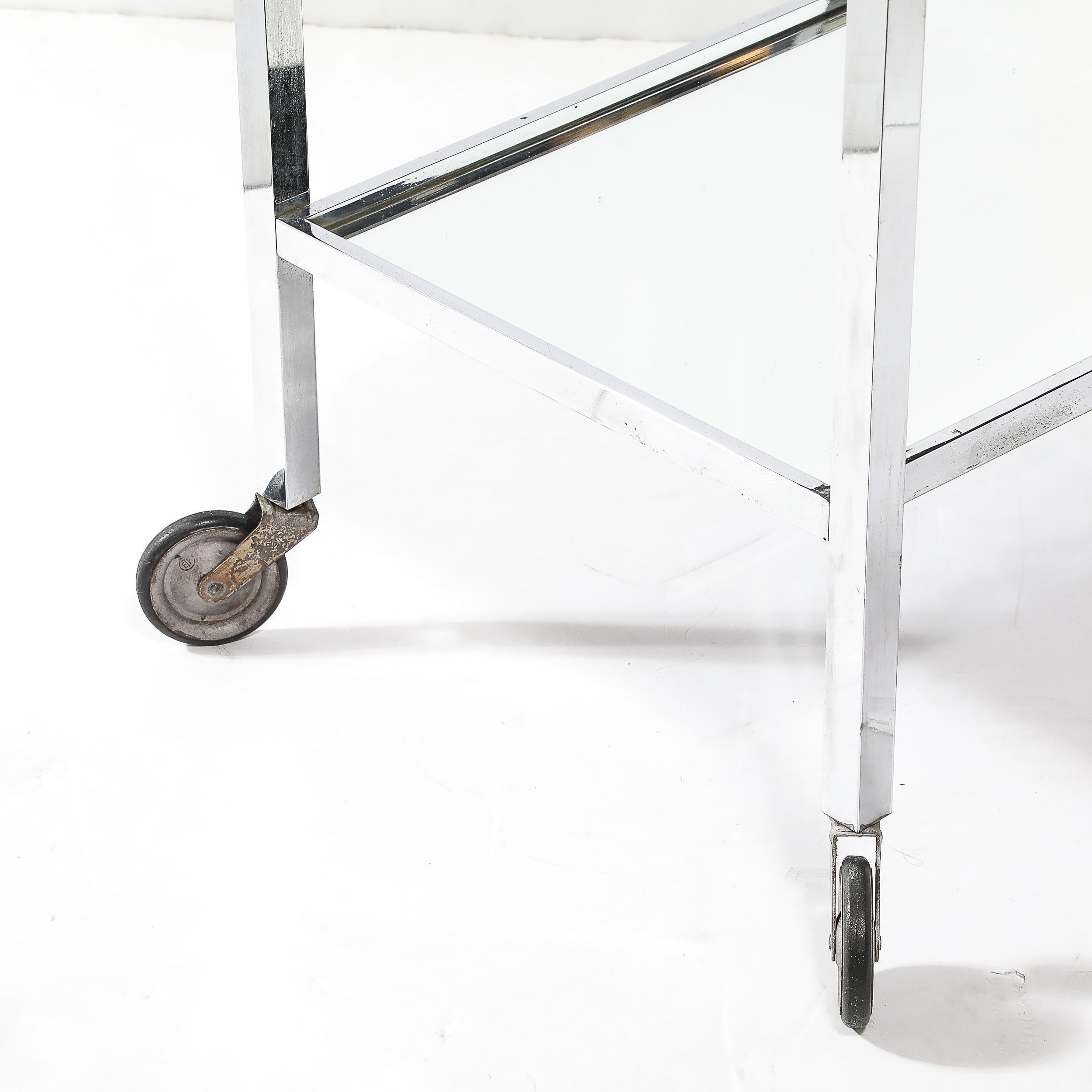 Chariot de bar rectangulaire Art Déco à 2 niveaux en nickel avec poignées en lucite et miroir par Adnet en vente 5