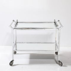 Carrito de bar Art Decó de 2 niveles rectilíneo de níquel con asas de lucita y espejo by Adnet