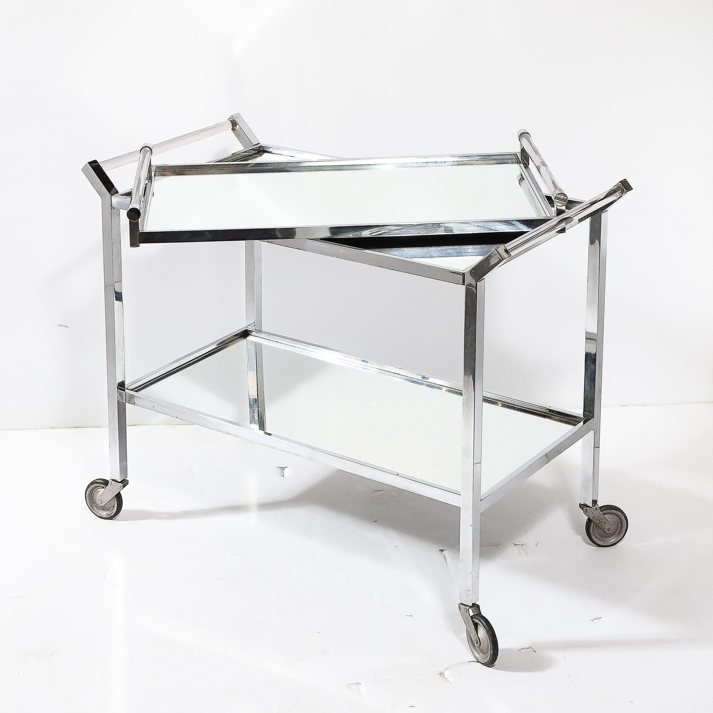 Miroir Chariot de bar rectangulaire Art Déco à 2 niveaux en nickel avec poignées en lucite et miroir par Adnet en vente