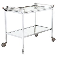Art Deco 2-Tier Rectilinear Nickel Bar Cart w/ Lucite Handles & Mirror by Adnet