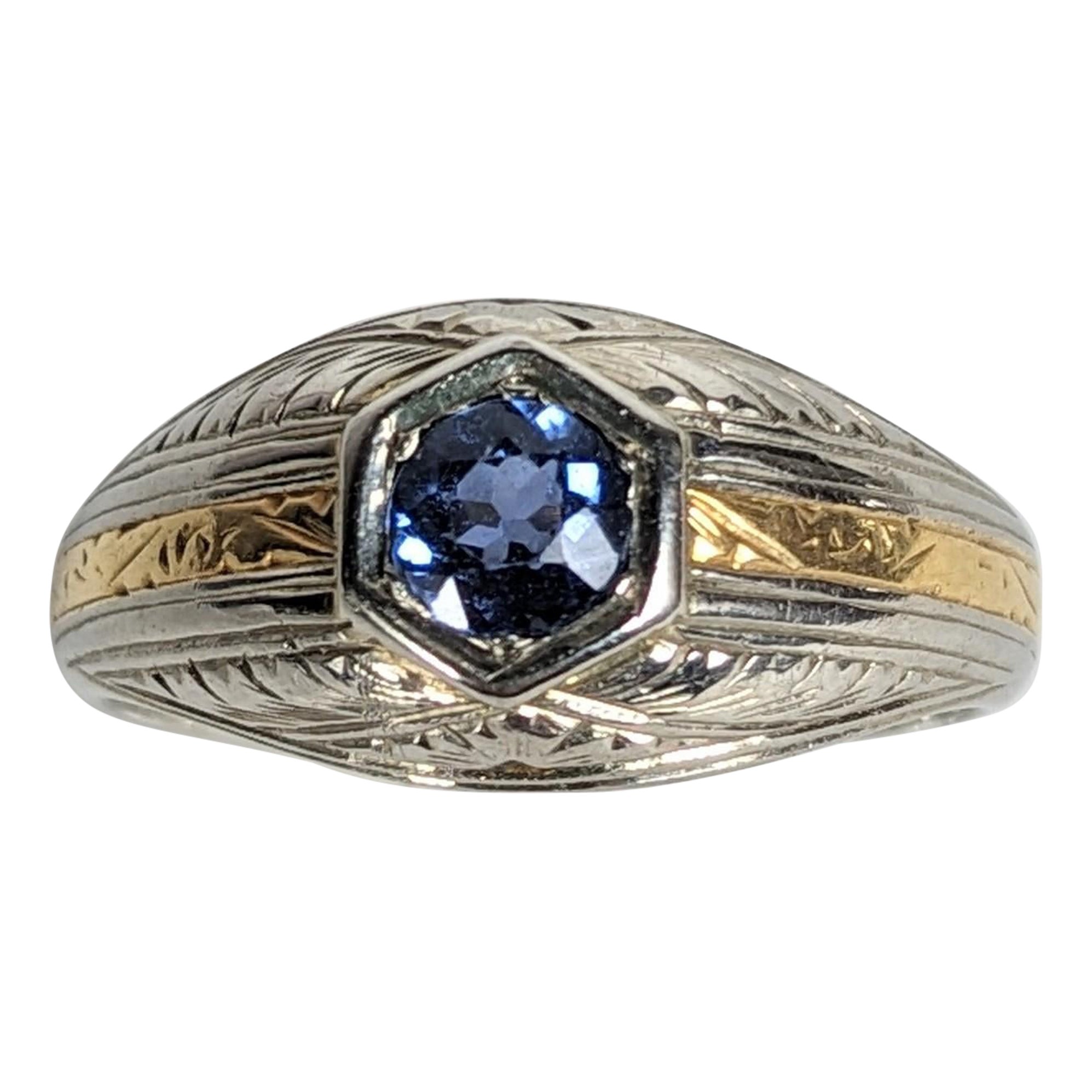 Art Deco 2 Toned Gold and Sapphire Ring For Sale