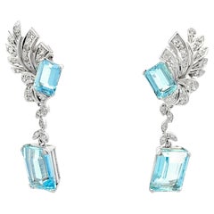Art Deco 20 Carat Aquamarine and Diamond Dangle Earrings