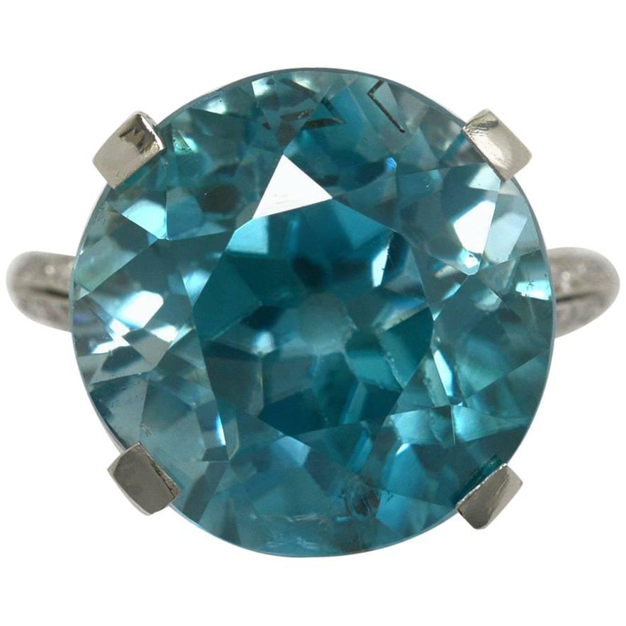 Art Deco 20 Carat Blue Zircon Diamond Platinum Cocktail Ring Round 1920 Vintage
